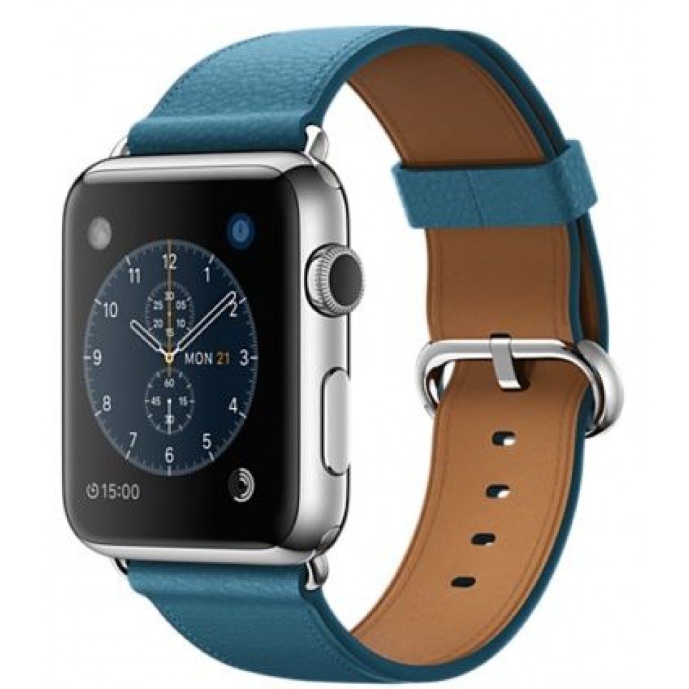 Apple Watch - 42mm Stainless Steel Case with Marine Blue Classic Buckle Leather Band, MMFU2