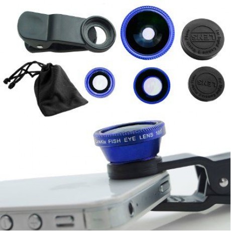 3-in-1 Universal Clip Lens ,for Mobile Phones ,and Tablet ,PCs,Fish Eye, Micro, Wide Angle-Blue
