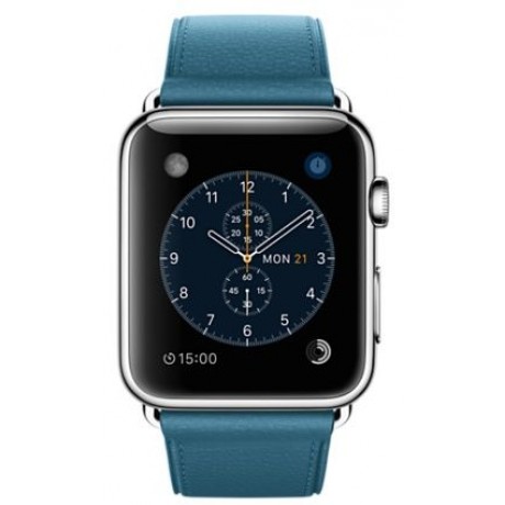 Apple Watch - 42mm Stainless Steel Case with Marine Blue Classic Buckle Leather Band, MMFU2