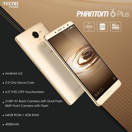 TECNO Phantom 6 Plus Mobile,5.95" ,64GB , 4GB RAM ,21MP Camera ,Dual SIM ,4G/LTE ,Gold,Agent Guarantee